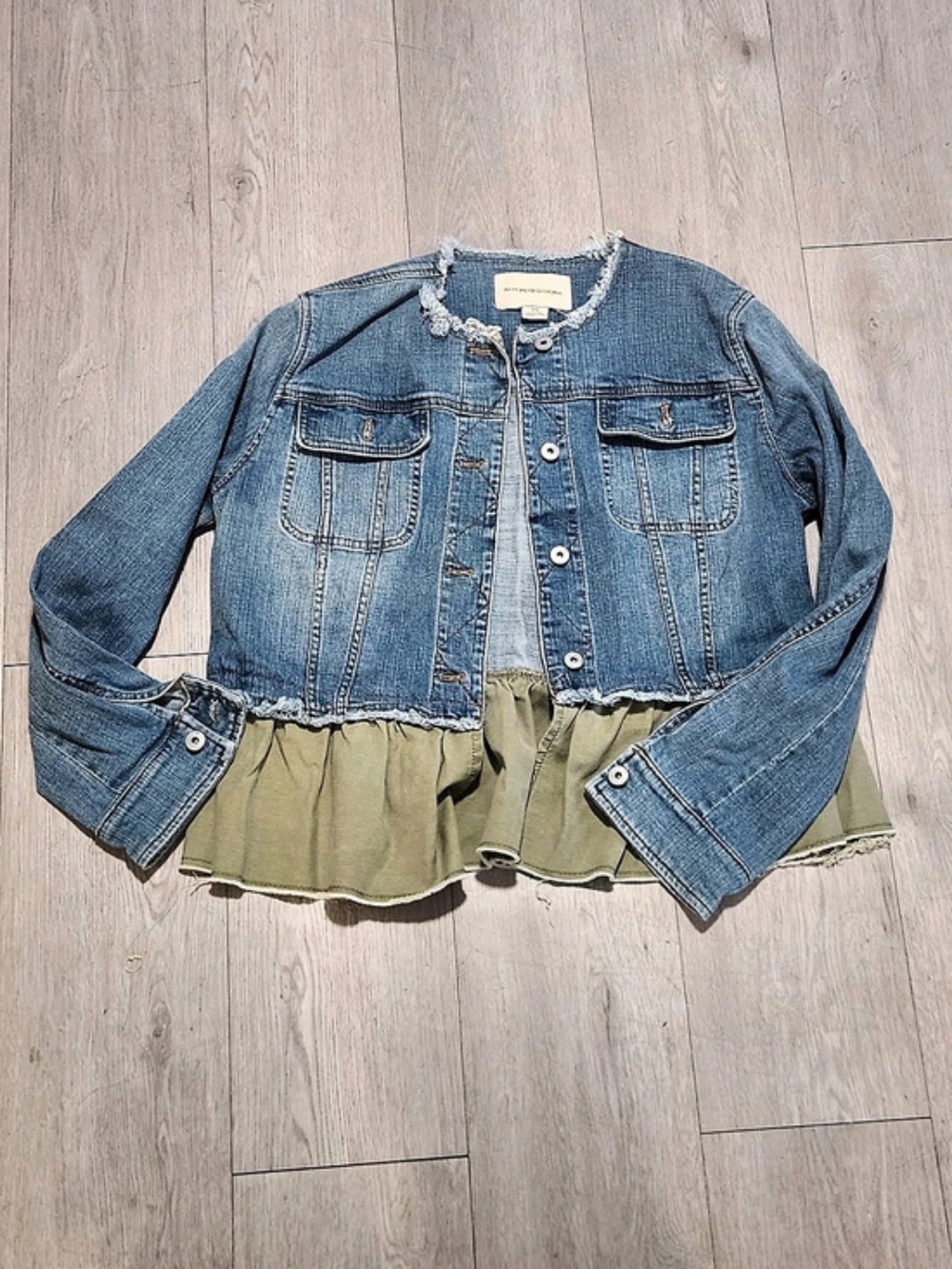 Pilcro Anthropologie Raw Hem Olive Peplum Denim Jacket L